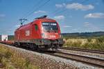 1116 053 zu sehen mit einen Aufliegerzug bei Pölling am 16.08.2018.