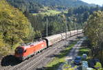 1116 093 mit einem gedeckten Güterzug in Fahrtrichtung Innsbruck bei Mühlbachl, 13.10.2018.
