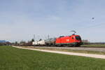 1116 196 war am 12. April 2022 mit einem gemischten Güterzug bei Übersee in Richtung Salzburg unterwegs.