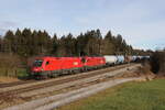 1116 089 und 1116 252 waren am 4. Januar 2023 mit einem gemischten Güterzug bei Sossau im Chiemgau in Richtung München unterwegs.