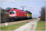 Österreichisch-Ungarischer Lokzug bestehend aus ÖBB 1116 084 und ROeEE/GySEV V43 fährt am 06.04.2010 bei Baumgarten Richtung Sopron.