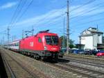 1116 100-7 durchfährt mit OEC741(Wienertafel)den Bahnhof Marchtrenk;100713