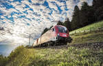 1116 120-7 und 1116 263-5 fahren mit einem Güterzug, kurz vor der Haltestelle Oberfalkenstein, die Tauernbahn-Südrampe hinunter.