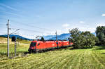 Gleich eine Dreifachtraktion 1116er bestehend aus 1116 051-4, 1116 140-5 und 1116 127-2, fährt mit einem Güterzug in Richtung Fürnitz da hinter dem Busch hervor.
Aufgenommen am 28.8.2018, bei Schlatten, nahe Rosenbach.