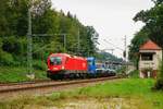 1116 079 ÖBB Taurus mit Mercedes Benz Lkws in Aßling, am 20.08.2019. 