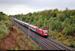 Nachschuss auf 1116 174-4 (Siemens ES64U2) ÖBB mit Zuglok 1116 158-7, mit Werbung für die Sterneaktion  Licht ins Dunkel , als EC 113  Blauer Enzian  (Linie 62) von Frankfurt(Main)Hbf nach