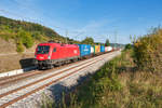 1116 043 mit einem KLV-Zug bei Oberdachstetten Richtung Würzburg, 19.09.2019