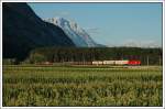 1X16 mit einem Gterzug am 25.7.07 aufgenommen nchst Haiming im Oberinntal mit der Hohe Munde im Hintergrund.