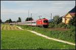 Eine 1116er ist mit einem EC in Richtung Wrgl unterwegs. Aufgenommen im September 2008 bei Niederaudorf.