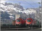 Vor den Kreuzbergen posieren 1116 278-1 und 1116 026-4. Dahinter versteckt sich noch ein Fretchen. Buchs SG (02.02.2009)