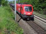 1116 071-0 mit einem Gterzug in Klagenfurt in der nhe des Wrtersee am 20.5.2005 Leider ist der Masten im weg.Leider soll die Strecke bis in ca 20 jahren     am wrtersee untertunnelt werden.Und die