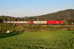 Im schnen Abendlicht des 17.08.2011 kam dieser Containerganzzug bei Drrwien vorbei.