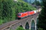 BB 1116 + BB 1016 mit gemischten Gterzug am 13.07.2013 auf dem Hundsdorfer Viadukt bei Bad Hofgastein. 