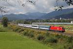 1116.197 mit EC102 (Villach-Warschau) hat 4.09.2013 soeben den Bahnhof Marein-St.Lorenzen durchfahren und strebt weiter dem Semmering entgegen.