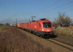 1116 111 mit einem Containerzug am 23.02.2014 bei Plattling.