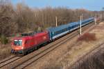 1116 175 ist mit EC 77 bei Strasshof unterwegs. Die Aufnahme entstand am 05.03.2014.