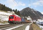 1116 031 passes Sankt Jodok as it hauls a northbound container train through the Brenner Pass, 26 March 2014