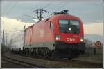 1116 077 mit dem EC 104  Sobieski  von Wien-Sd nach Warszawa Wschodnia am 9.12.2006 bei der Querung der Donau, aufgenommen in der Wiener Lobau.