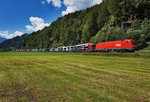 1116 091-0 ist nahe Mitterberghütten, mit einem Güterzug, in Richtung Salzburg unterwegs.
Aufgenommen am 7.8.2016.