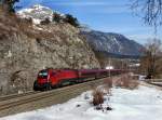 Die 1116 222 mit einem RJ nach Zrich am 03.03.2012 unterwegs bei Jenbach.