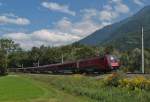 Auf der Fahrt von Wien nach Zürich zieht 1116 210 am 24.08.2015 den RJ 160 bei Nendeln (FL) das Rheintal hinunter zum nächsten Halt, Buchs (SG).