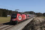 1116 249 schob am 25. Februar 2021 den  ÖFB-Railjet  bei Grabenstätt im Chiemgau in Richtung Salzburg.
