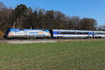 1116 159 `Sparda Bank´ mit den farblich passenden Wagen der PKP als EN 407  Chopin  von Warschau nach München Hbf am 5.3.26 bei Eglharting.
