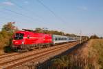 1116 003 im neuen Look.  Rail Cargo Austria , unterwegs am EC 968  Lehar , von Budapest keleti pu. nach Wien Westbahnhof. Die Aufnahme entstand am 25.09.2009 kurz vor Parndorf.