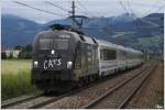 Werbelok 1116 153  CATS  f�hrt mit EC 103  Polonia (Warschau - Villach) durch das verregnete Murtal.  
Zeltweg 12.7.2012