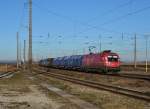 1116 003 RailCargo Austria mit einem Stahlzug auf dem Weg nach Ungarn.Aufgenommen im Bahnhof Gramatneusiedl am 3.2.2015