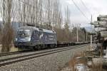 1116 126 (Licht ins Dunkel II) mit Güterzug bei Niklasdorf am 23.02.2015.