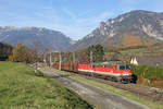 Der verspätete GAG-47053 fährt mit 1142.634+1144.254 hinter dem Payerbachgraben bergwärts. 4.11.17