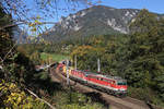 In schönster Herbststimmung fahren 1142.631+1144.212 mit G-55509 bei Payerbach. 5.10.18