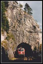 1142 702 verschwindet im Weinzettelwandtunnel. Als Besonderheit auf der Semmeringbahn wurde bei diesem Tunnel beim Ostportal der Naturstein belassen. Das Bild entstand am 4.09.2000.