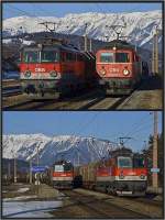 Vor dem schneebedeckten Rax - Plateau, dessen mchtiger 2000m hoher Kalkstock das Landschaftserlebnis an der Semmeringbahn prgt, ist im Bahnhof Eichberg ein von der 1142 667 nachgeschobener Stahlzug