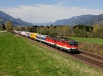 Die 1142 615 und die 1142 684 mit einer RoLa am 16.04.2016 unterwegs bei Trieben.