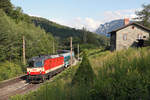 Am Morgen des 16.7.17 fährt  Schachbrett  1144.092 mit EC-151 bei Küb bergwärts.