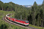 Im Bogen hinter der Kalten-Rinne bei Breitenstein fahren vor der Kulisse der Rax 1144.247+1116 mit einen Hackschnitzel-GAG am 20.7.17 bergwärts.