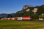 1144 029-6 mit seinen Cityshuttle Wagen kurz vor Hohenems. 29.5.20