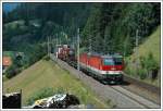 1144er Tandem mit 1144 248 an der Spitze dieses KLV Zuges auf der Brenner Nordrampe im Bereich Wolf am 27.7.2007 aufgenommen.