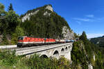 Die 1144.025 und 109 konnten am 24. September 2021 mit einem gemischten Frachtenzug beim Überqueren des Krauseklause-Viadukts bei Breitenstein am Semmering fotografiert werden. Nach Platzen des ominösen Verkaufs in die Türkei sind die 1144.0 größtenteils wieder in den Plandienst zurück gekehrt. Gerne werden sie zu Vorspanndiensten zwischen Gloggnitz und Kapfenberg heran gezogen. 