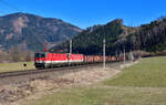 1144 233 + 1144 016 mit einem Güterzug am 16.02.2024 bei Niklasdorf.