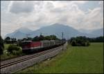 Eine 1144er durchfhrt das Inntal mit dem  Terratrans-Paneuropa-Express , Verona Q.E. - Bremen-Golland, und ist bei Pfrauendorf unterwegs. (05.08.2009)