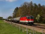 Die 1144 258 am 16.04.2011 mit einem Kesselwagenzug unterwegs bei Grokarolinenfeld (B Vogl).