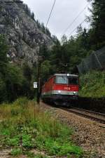 1144 087 mit einer Schwestermaschine mit einem Erzzug aus Eisenerz zwischen Hieflau und Admont, 06.09.2012