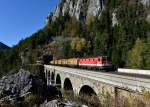 1144 288 mit einem Gterzug am 31.10.2012 auf dem Krausel-Klause-Viadukt nahe Breitenstein.