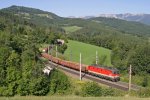 1144.207 hat mit G-54703 am 17.8.13 den Steinbauer-Tunnel vor der Kulisse der Rax und der Kreuzberggegend verlassen.