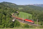 1144.207 hat mit G-54703 am 17.8.13 den Steinbauer-Tunnel vor der Kulisse der Rax und der Kreuzberggegend verlassen.