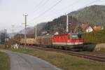 1144 063 mit Güterzug bei Mixnitz-Bärenschützklamm am 17.12.2014.