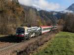 Die 1216 020 mit einem Brenner EC am 16.11.2013 unterwegs bei Campo di Trens.